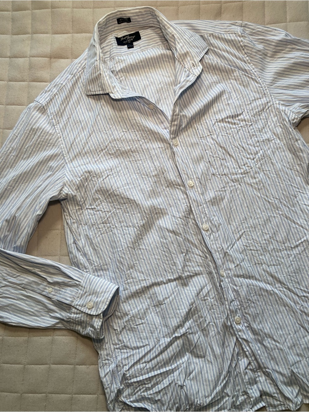 J. Crew White and Light Blue Striped Men's Button-Down Shirt